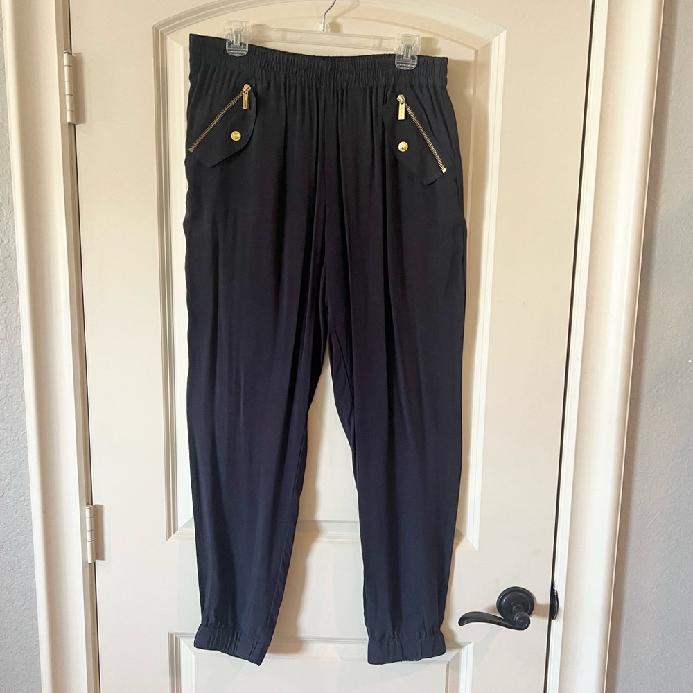 MICHAEL Michael Kors Navy Joggers Gold Zip Pockets Dressy Activewear size 10